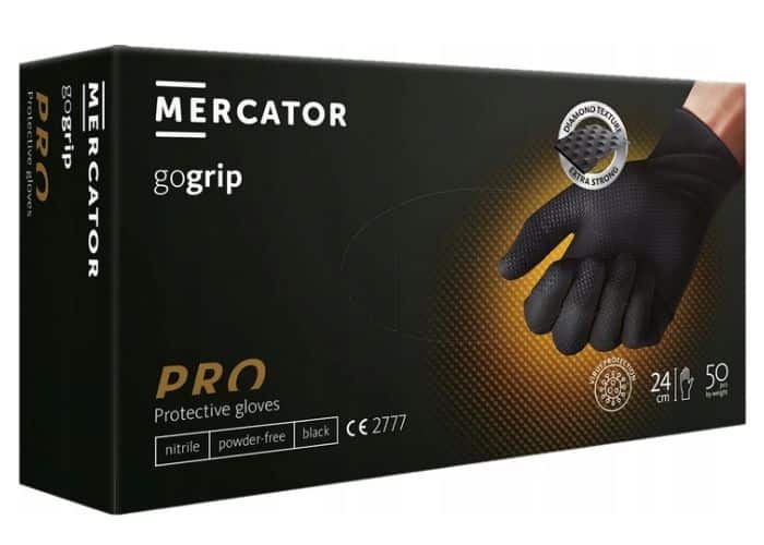 Rękawiczki nitrylowe Mercator GoGrip XL 50szt - grube i mocne, teksturowane rękawiczki nitrylowe czarne