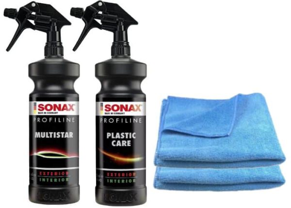 SONAX-Profiline-Multistar-1L-+-SONAX-Profiline-Plastic-Care-1L---zestaw-do-czyszczenia-elementów-wnętrza-ze-środkiem-zabezpieczającym-do-plastików-+2x-mikrofibra-gratis